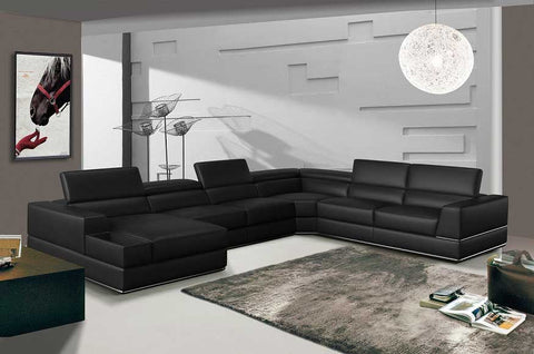 Divani Casa Pella Modern Black Italian Leather U Shaped LAF Chaise Sectional Sofa