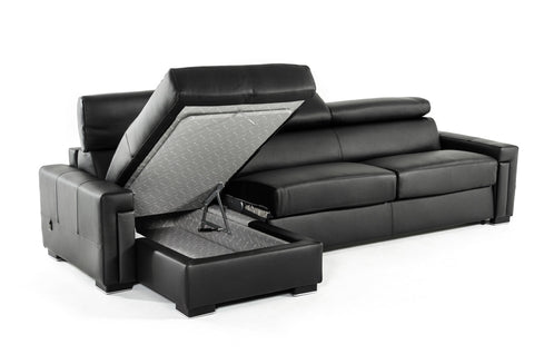 Estro Salotti Sacha Modern Black Leather Reversible Sectional Sofa Bed with Storage