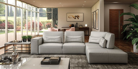 Coronelli Collezioni Hollywood Italian Light Grey Leather RAF Chaise Sectional Sofa