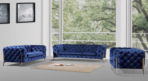 Divani Casa Quincey Transitional Blue Velvet Sofa Set