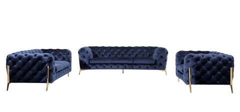 Divani Casa Quincey Transitional Blue Velvet Sofa Set