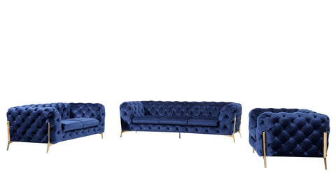 Divani Casa Quincey Transitional Blue Velvet Sofa Set